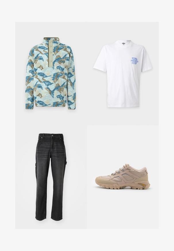 Fleecepullover mit blauem, beige und cremefarbenem abstraktem Bergmuster, Druckknopfleiste, Brust-Reißverschlusstasche und Columbia Sportswear Logo.; Weißes T-Shirt mit kurzen Ärmeln, blauem "Dickies" Logo und Text auf der linken Brust, Rundhalsausschnitt und mittlerem Größenetikett im Kragen.; Schwarze Denim-Cargo-Hosen mit geraden Beinen, die mit Seitentaschen, einem metallischen Knopfverschluss und tonalem Nähen ausgestattet sind. Strukturiert Stoff.; Beige Sport Schuh mit einem strukturierten Mesh-Obermaterial, synthetischen Überzügen und einer Vibram-Sohle. Verfügt über ein Schnürsystem und seitliche Paneeldetails.