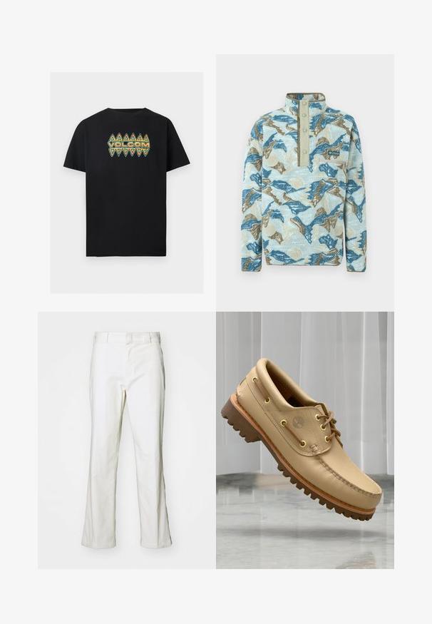Pull polaire avec motif abstrait de montagnes en bleu, beige et crème, patte à boutons-pression, poche poitrine zippée et logo Columbia Sportswear.; T-shirt noir à manches courtes avec motif géométrique triangulaire bleu et orange et texte « VOLCOM » centré sur la poitrine.; Pantalons en coton blanc avec une coupe droite, dotés d'une taille et de poches standard. Le tissu semble lisse et légèrement texturé.; Chaussure bateau en cuir marron clair avec semelle épaisse et striée et détails de lacets, flottant au-dessus d'un sol en marbre et d'un fond de stores verticaux blancs.