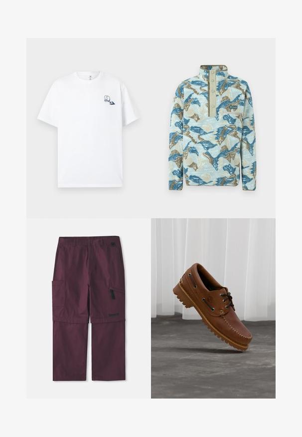 Pull polaire avec motif abstrait de montagnes en bleu, beige et crème, patte à boutons-pression, poche poitrine zippée et logo Columbia Sportswear.; T-shirt en coton blanc à manches courtes, avec un motif graphique bleu marine sur le côté gauche de la poitrine. Style classique à col rond.; Pantalons cargo convertibles bordeaux avec poche zippée sur le côté et logo Timberland sur la jambe droite, avec entrejambe allongé montré.; Chaussure de bateau en cuir marron avec des lacets noirs, des coutures beiges et une semelle robuste, suspendue au-dessus d'un sol en béton gris.