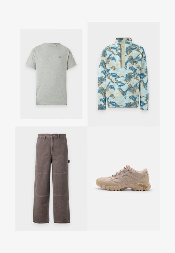 Pull polaire avec motif abstrait de montagnes en bleu, beige et crème, patte à boutons-pression, poche poitrine zippée et logo Columbia Sportswear.; T-shirt gris à manches courtes en coton, avec un col rond et un petit logo noir sur le côté gauche de la poitrine. Design simple.; Pantalons larges de couleur marron délavée, fabriqués en tissu durable avec des coutures contrastées. Présente des détails en panneaux et une poche latérale.; Baskets de sport beiges avec une tige en maille texturée, revêtement synthétique et semelle extérieure Vibram. Comprend un système de laçage et des détails sur les panneaux latéraux.