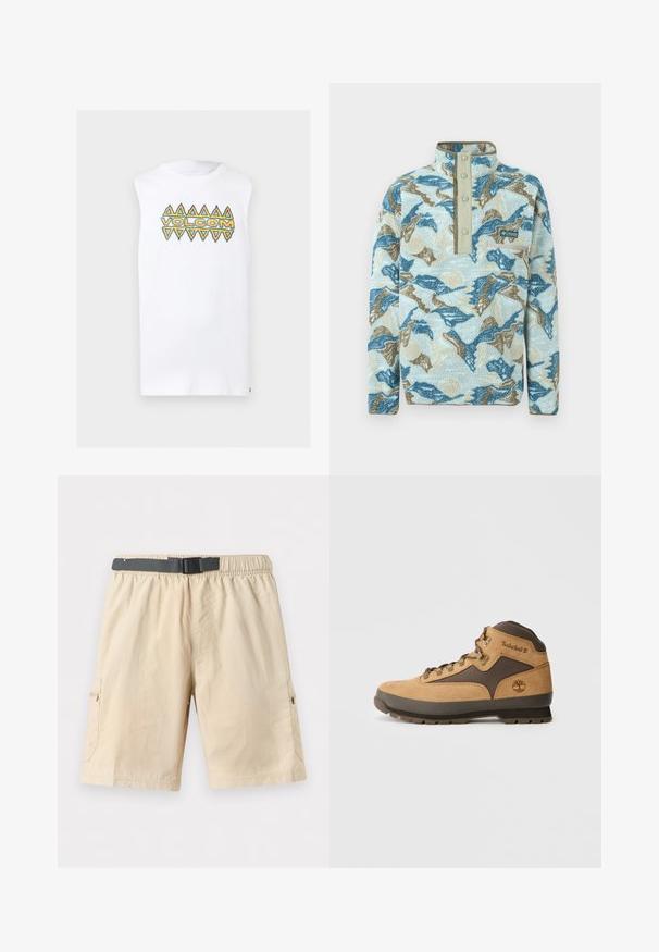 Pull polaire avec motif abstrait de montagnes en bleu, beige et crème, patte à boutons-pression, poche poitrine zippée et logo Columbia Sportswear.; T-shirt blanc sans manches avec des motifs triangulaires orange et turquoise et le texte "VOLCOM" sur la poitrine.; Shorts cargo beige longueur genou avec taille élastique, ceinture noire réglable à boucle, et poches latérales zippées sur un fond clair.; Botte de randonnée en daim marron avec des accents brun foncé, œillets en métal et semelle antidérapante. Logo Timberland embossé sur le côté. Design mi-haut.
