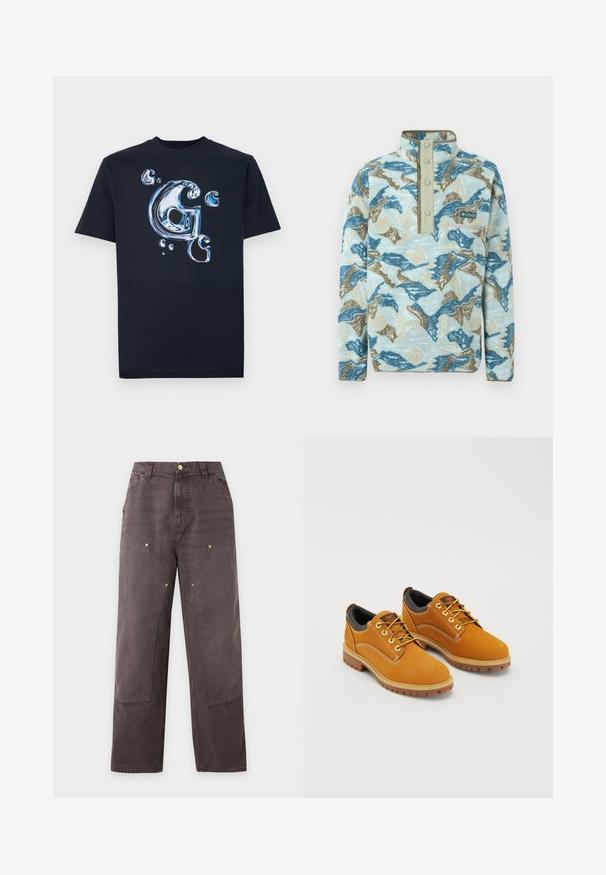 Fleece pullover met blauwe, beige en crèmekleurige abstracte bergpatroon, drukknopenbies, borstzak met rits en Columbia Sportswear-logo.; Zwarte katoenen T-shirt met een glanzende, metallic stijl letter "G" en luchtbelletjes in tinten blauw. Korte mouwen met een klassieke pasvorm.; Bruine rechtvallende broek met hoge taille, voorzakken, riemlussen en zichtbare stikseldetails op de knieën en dijen.; Bruine suède schoenen met een ronde neus, gele veters, een gewatteerde zwarte kraag en rubberen zolen met gripgroeven.