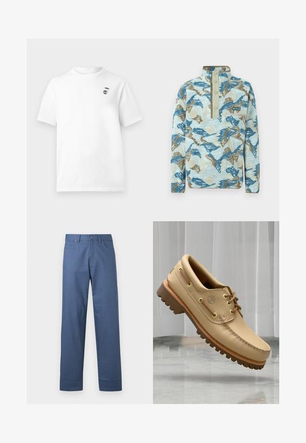 Pull polaire avec motif abstrait de montagnes en bleu, beige et crème, patte à boutons-pression, poche poitrine zippée et logo Columbia Sportswear.; T-shirt blanc à manches courtes avec col rond et petit motif noir d'une crevette au-dessus d'une plante sur le côté gauche de la poitrine.; Pantalon en coton bleu à coupe droite, avec une fermeture à boutons sur le devant et cinq poches. Texture lisse, sans motifs apparents.; Chaussure bateau en cuir marron clair avec semelle épaisse et striée et détails de lacets, flottant au-dessus d'un sol en marbre et d'un fond de stores verticaux blancs.
