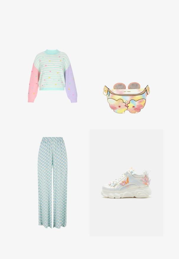 Pastel stribet sweater med rund hals, der har ærmer i pink, blå og lilla. Dekoreret med blomsterbroderi og en fluffy tekstur.; Lysblå vide bukser med ternet mønster i skiftende nuancer og elastisk talje for komfort.; Hvid chunky sneaker med tyk sål, dekoreret med pastelrosa, orange og blå butterfly-applikationer på sider og hæl.; Lille pastelfarvet tie-dye bæltetaske med lyserøde lommer formet som sommerfugle, perle- og ædelstensaccenter samt to glitrende lyserøde cirkulære ører på toppen.