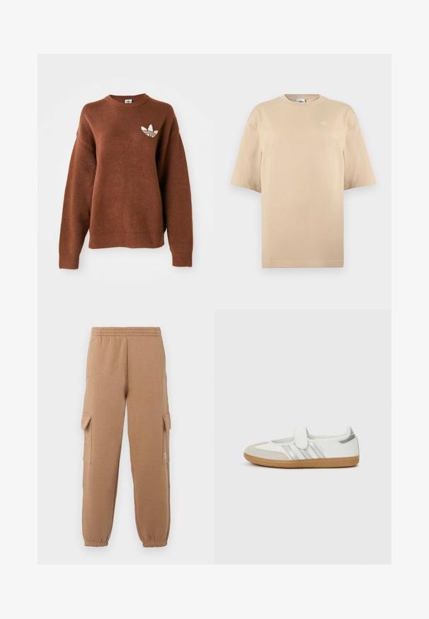 Bruine gebreide sweatshirt met ronde hals, doorgezakte schouders, geribbelde manchetten en een geborduurd wit logo op de linkerborst.; Beige oversized T-shirt met korte mouwen, ronde hals en klein wit Adidas trefoil-logo op de linker bovenborst.; Tan cargobroeken van zachte stof met een elastische tailleband, opgesneden enkels en zijzakken, met een klein logo-detail.; Witte sneaker met zilveren strepen, suède neuskap en klittenbandsluiting. Texturen gumrubberen zool. Minimalistisch ontwerp met een gladde afwerking.