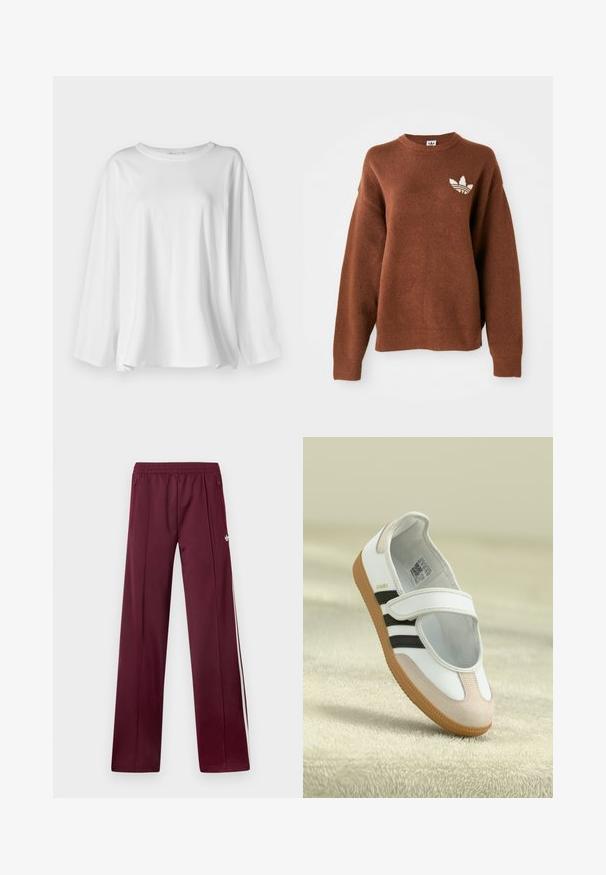 Sudadera marrón de punto con cuello redondo, hombros caídos, puños acanalados y un logotipo blanco bordado en el pecho izquierdo.; Camisa blanca de manga larga hecha de algodón suave, con un escote redondo, corte holgado y aberturas laterales para mayor comodidad en el movimiento.; Pantalones deportivos burdeos con cinturilla elástica, bolsillos laterales con cremallera, rayas blancas a los lados y un pequeño logotipo blanco de Adidas en el muslo derecho.; Zapato blanco con puntera de ante rosa, rayas negras y una correa de Velcro. Cuenta con una suela de goma color tostado y un logo en el lateral.