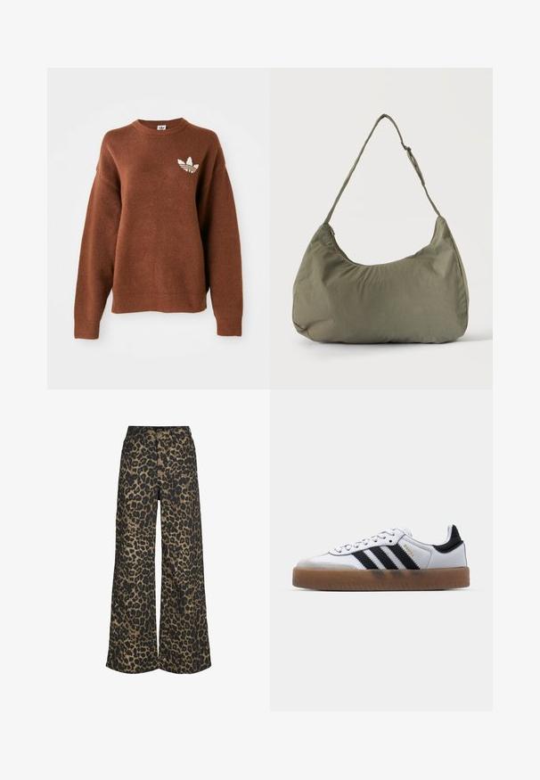 Sudadera marrón de punto con cuello redondo, hombros caídos, puños acanalados y un logotipo blanco bordado en el pecho izquierdo.; Pantalones de pierna ancha con un estampado integral de leopardo marrón y negro y cierre frontal con botones y cremallera.; Zapatillas de cuero blancas con rayas negras, suela de goma, puntera redonda, cierre de cordones y caperuza de ante gris suave.; Bolso de hombro de tela suave color verde oliva con cierre de cremallera y correa ajustable sobre un fondo liso y claro.
