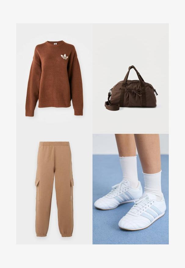 Brauner gestrickter Pullover mit Rundhalsausschnitt, überschnittenen Schultern, gerippten Bündchen und einem weißen, aufgestickten Logo auf der linken Brust.; Beige Cargo-Hosen aus weichem Stoff mit einem elastischen Bund, angeschnittenen Knöcheln und seitlichen Taschen, die ein kleines Logodetail aufweisen.; Weiße Sportschuhe aus Leder mit hellblauen Streifen, strukturiertem Zehenbereich und weißen Crew-Socken. Auf einer blauen Teppichoberfläche präsentiert.; Braune Stoffreisetasche mit zwei Griffen, verstellbarem Schultergurt, vorderer, plissierter Tasche mit Kordelzug und einem Reißverschluss-Hauptfach.