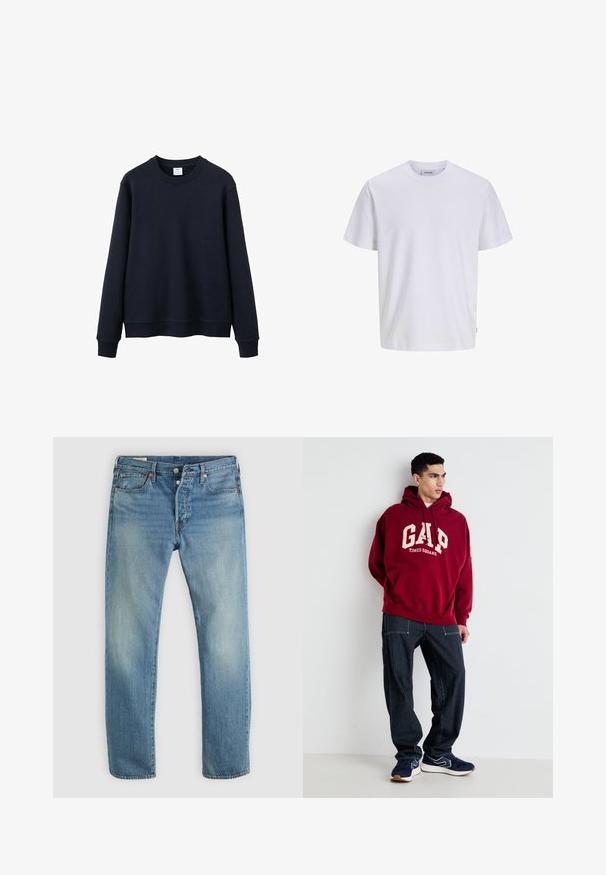 Marineblauer Pullover aus weichem Stoff mit Rundhalsausschnitt, langen Ärmeln und lässiger Passform, mit gerippten Bündchen und Saum.; Schlichtes weißes T-Shirt mit kurzen Ärmeln und Rundhalsausschnitt, geradem Saum, auf weißem Hintergrund dargestellt.; Hellblaue Jeans aus Denim mit geradem Bein, ausgestattet mit einem Fünf-Taschen-Design, kupferfarbenen Beschlägen und subtiler Ausbleichung des Stoffes.; Bordeauxfarbener Kapuzenpullover mit "GAP" und "TIMES SQUARE" in Creme aufgedruckt, kombiniert mit navyblauen gestreiften Hosen und navyblauen Sneakern mit weißen Akzenten.