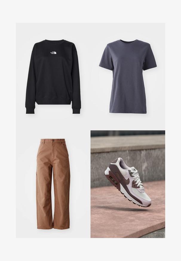 Sweatshirt noir en mélange de coton, avec un col rond, des manches longues, des poignets côtelés et un petit logo blanc sur la poitrine.; T-shirt à manches courtes en coton gris foncé, design col rond, texture lisse, ourlet droit, sans motifs ni détails matériels visibles.; Pantalons larges marron en tissu robuste. Dotés d'une taille haute, de poches avant et de détails de couture subtils.; Baskets Nike Air Max blanches et mauves flottant au-dessus d'une surface en pierre avec un mur en pierre grise en arrière-plan.