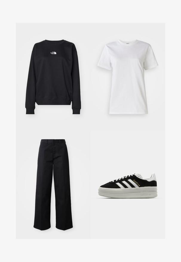 Sort sweatshirt fremstillet af bomuldsblanding, med rund halsudskæring, lange ærmer, ribbede manchetter og et lille hvidt logo på brystet.; Hvid bomulds t-shirt med rund hals og korte ærmer. Stoffet er glat med en blød tekstur og uden synlige mønstre eller detaljer.; Sorte brede bukser lavet af blødt bomuldsstof. Har en klassisk talje, sidelommer og en lige skæring til kanten.; Sort ruskind sneaker med hvide læderdetaljer, tre hvide striber, flade snørebånd og en tyk grå platformsål. Guldfarvet "Gazelle" branding.