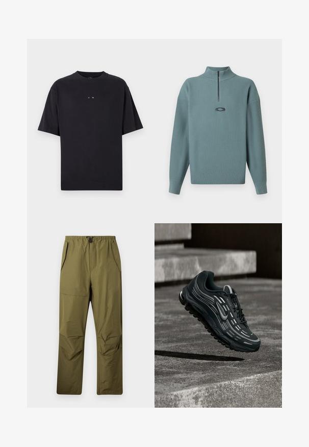 Oakley NEW RETRO SWEATER - Svetrík - faded denim; Oakley RISE TEE - Základné tričko - blackout; Zelenohnedé nohavice rovného strihu s elastickým pásom a šnúrkou, s bočnými vreckami a flap vreckom na pravej stehne.; Čierno-sivá teniska Nike Air Max vznášajúca sa nad sivými betónovými schodmi s textúrovaným pozadím zeme.