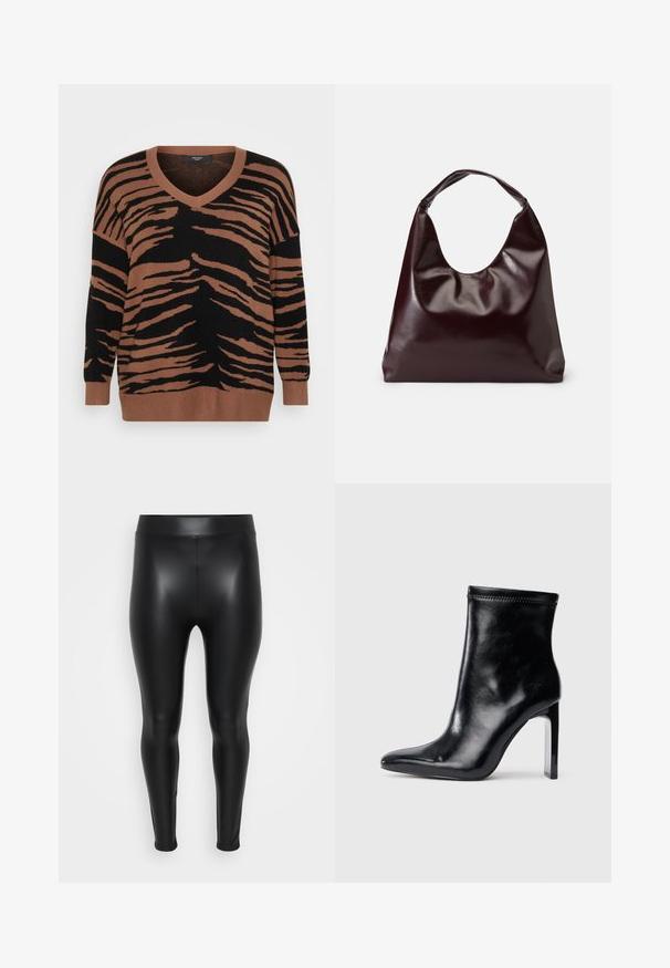 Braun und schwarz gestreifter Pullover aus weichem Strick, mit V-Ausschnitt und lockerer Passform, sowie gerippten Bündchen und Saum.; Schwarze Leggings aus einem glatten, glänzenden Material. Hoher Bund, enganliegendes Design und keine sichtbaren Nähte oder Muster.; Schwarze Lederstiefelette mit spitzem Zeh und hohem, transparentem Absatz. Glatte Oberfläche und minimales Nähdetail an der Oberseite.; Burgunderfarbene, glänzende tote Bag aus veganem Leder mit einer weichen, skulpturalen Form und einem breiten, geschwungenen Henkel für einfaches Tragen.
