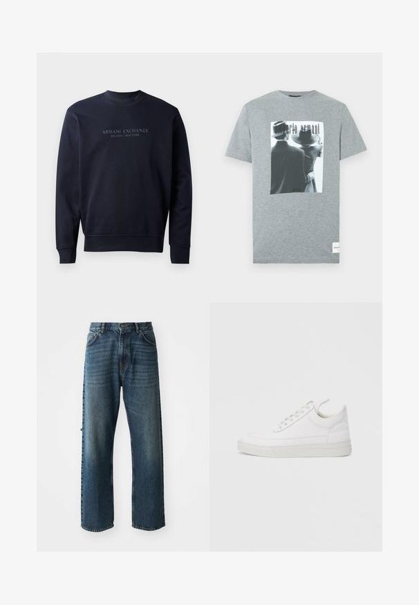 Navy blauwe sweatshirt van zacht materiaal, met een ronde hals en ribgebreide mouwen, voorzien van de gegraveerde tekst "ARMANI EXCHANGE MILANO / NEW YORK".; Grijs katoenen T-shirt met een zwart-wit grafische print van twee personen, met de tekst "emporio armani" in een gestileerd lettertype.; NN.07 OTIS - Straight leg jeans - stonewashed; Witte leren sneaker met een afgeronde neus, platte zool en veters aan de voorkant. Voorzien van stikseldetails en een gevoerde kraag voor comfort.