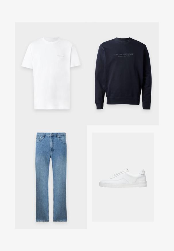 Sudadera azul marino hecha de material suave, con cuello redondo y puños acanalados, con el texto en relieve "ARMANI EXCHANGE MILANO / NEW YORK".; Camiseta de algodón blanca con mangas cortas, cuello redondo, con un sutil estampado de logo gris en la zona del pecho izquierdo y una textura suave.; Vaqueros de mezclilla azul claro con corte recto, cinco bolsillos, cierre con cremallera y costuras en contraste. La tela tiene un acabado liso y texturizado.; Zapatilla deportiva blanca de corte bajo con diseño con cordones, parte superior de cuero liso y suela gruesa, vista de lado sobre un fondo liso.