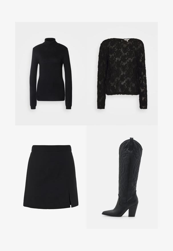 Suéter de cuello alto negro hecho de una suave tela de punto, con mangas largas y un corte ajustado, con un cuello y dobladillo de canalé.; Object OBJANMARI FAIR - Blusa - black; Minifalda negra línea A con cintura alta y una pequeña abertura en el lado delantero derecho.; Zign LEATHER - Botas camperas - black