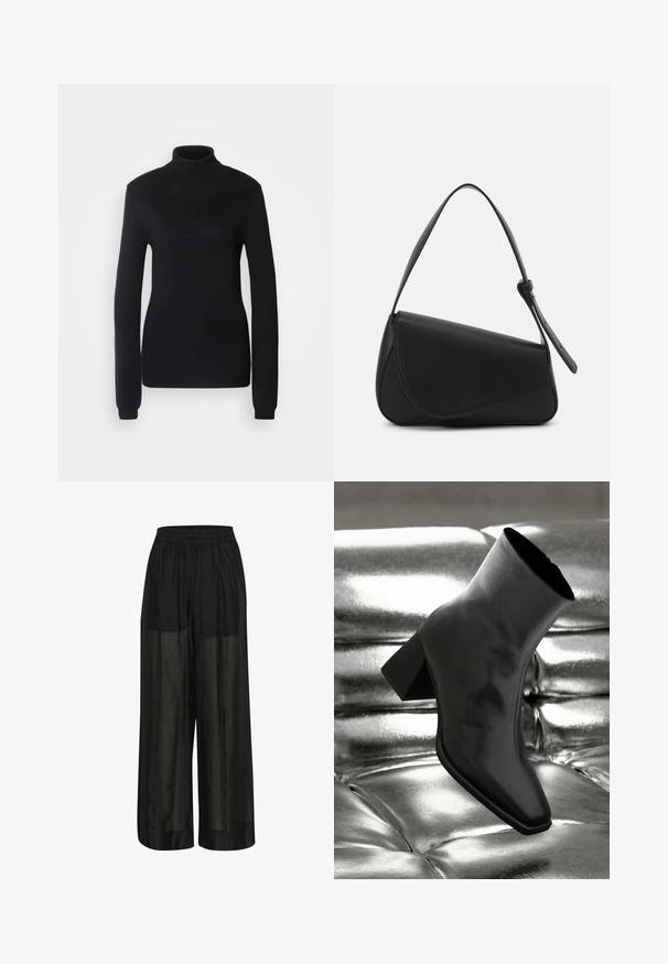 Schwarzer Rollkragenpullover aus weichem Strickmaterial, mit langen Ärmeln und schmaler Silhouette sowie einem gerippten Kragen und Saum.; Schwarze weit geschnittene Hose aus transparentem Stoff, mit einem elastischen Bund und einem Kordelzug für eine verstellbare Passform und einer glatten Textur.; Schwarzer Knöchelstiefel aus glänzendem Material mit quadratischer Zehenform und verjüngtem Absatz, vor einem glänzenden silbernen gepolsterten Hintergrund.; Schwarze Lederhandtasche mit dreieckiger Form, schrägem Klappdeckel und rundem Oberhandgriff. Verfügt über eine glatte Textur und minimalistische Designdetails.