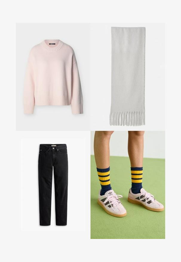 Weicher, hellrosa gestrickter Pullover mit langen Ärmeln, geripptem Rundhalsausschnitt, Bündchen und Saum, dargestellt vor einfarbigem Hintergrund.; Schwarze gerade Jeans mit Knopf- und Reißverschluss, Gürtelschlaufen sowie Vorder- und Gesäßtaschen, auf weißem Hintergrund flach präsentiert.; Helle rosa Wildledersneaker mit schwarzen Streifen und Gummisohlen, kombiniert mit navyblauen und gelben gestreiften Rippsocken. Grüner strukturierter Boden.; Grauer Schal aus weichem Material mit Fransen an den Enden, in rechteckiger Form und glatter Oberfläche.