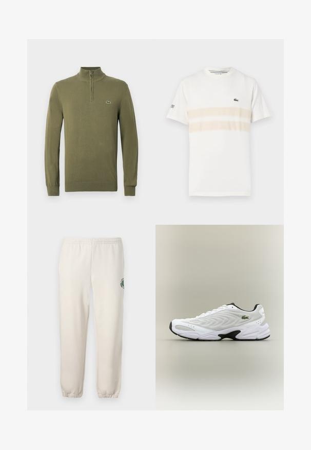 Suéter de manga larga en verde oliva con cuello de media cremallera y pequeño logo de cocodrilo en el lado izquierdo del pecho.; Camiseta de algodón blanca con dos franjas horizontales beige, pequeño logo bordado en el pecho y cuello redondo. Mangas cortas.; Pantalones de chándal de color beige claro, hechos de algodón, con una cinturilla elástica, puños acanalados y un logo verde con diseño de hoja en la pierna izquierda.; Zapatilla deportiva blanca con parte superior de malla texturizada, diseño curvado y suela exterior negra en contraste. Presenta un logo verde bordado en el lateral.
