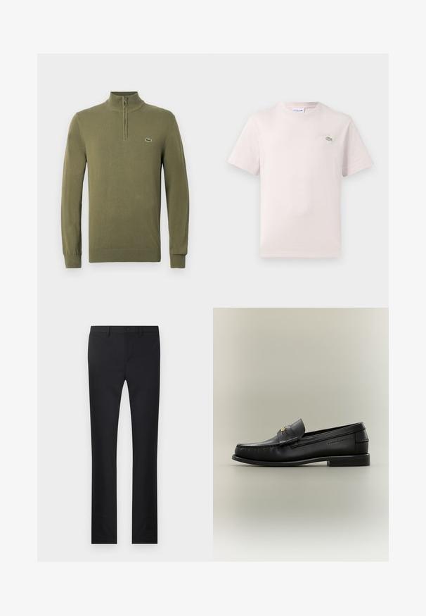 Olijf groene sweater met lange mouwen, een kwart ritssluiting en een klein krokodillenlogo op de linkerkant van de borst.; Lichtroze katoenen t-shirt met een ronde hals, korte mouwen en een geborduurd Lacoste-logo in het groen op de borst. Zachte textuur.; Zwarte broek met een rechtlopende pasvorm, gemaakt van soepel materiaal. Voorzien van zakken aan de voorkant, een knoopsluiting en riemlussen.; Zwarte leren instapschoen met lage hak, gouden gespdetail en geperste merknaam aan de zijkant tegen een neutrale achtergrond.