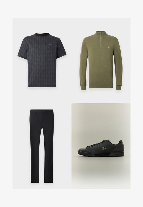 Olijf groene sweater met lange mouwen, een kwart ritssluiting en een klein krokodillenlogo op de linkerkant van de borst.; Zwarte korte mouwen t-shirt met een geometrisch patroon en een groene krokodillenlogo, met een effen zwarte ronde hals.; Zwarte broek met een rechtlopende pasvorm, gemaakt van soepel materiaal. Voorzien van zakken aan de voorkant, een knoopsluiting en riemlussen.; Zwarte sportieve sneakers met een soepel leren bovenwerk, subtiele perforaties, een groen krokodillenlogo en "LACOSTE" branding op de hak.