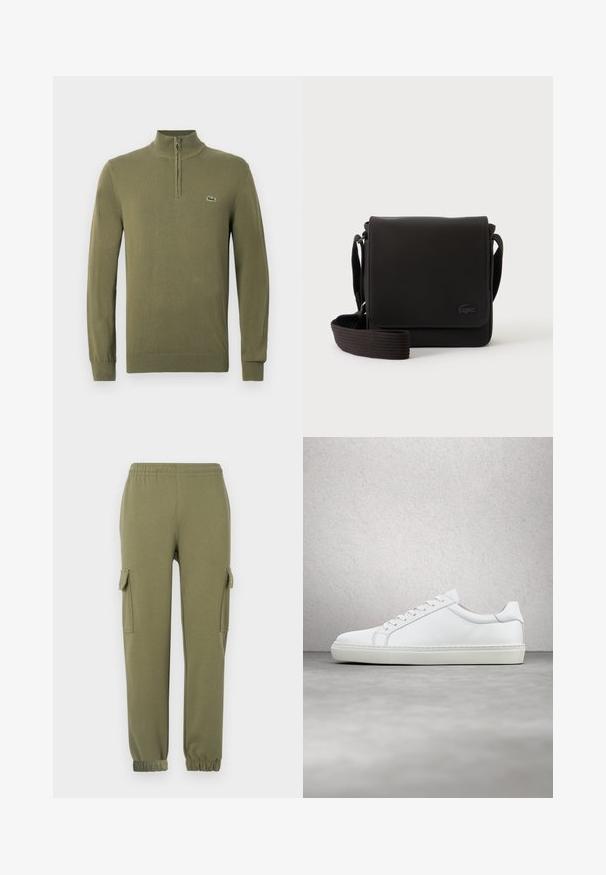 Suéter de manga larga en verde oliva con cuello de media cremallera y pequeño logo de cocodrilo en el lado izquierdo del pecho.; Pantalones cargo de tela liviana en color verde oliva, con bolsillos laterales, cintura elástica y puños ajustados para un ajuste ceñido.; Zapatilla blanca con parte superior de cuero liso y perfil bajo. Presenta una puntera redondeada, seis ojales y una suela de goma texturizada.; Bolso bandolera negro con cierre de solapa, correa ajustable, tela texturizada y pequeño logo en relieve en la esquina inferior derecha del frente.