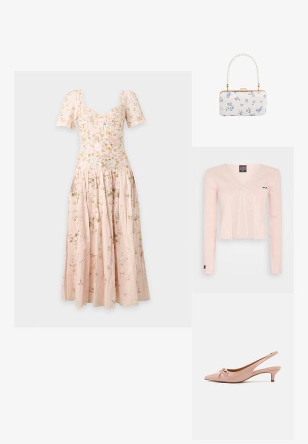 Haut court en tricot rose clair avec des manches longues, décolleté en V et lien à coulisse. Présente une texture côtelée et un branding subtil sur la poitrine.; Robe midi rose clair avec manches bouffantes, décolleté en cœur et délicate broderie florale sur toute la robe.; Escarpins à talon slingback en cuir verni rose pâle avec un bout pointu, un détail en nœud à l'avant, et un petit talon. Texture lisse avec une finition brillante.; Pochette rectangulaire blanche avec motif floral bleu et anse perlée, avec garniture dorée et fermeture à clip.