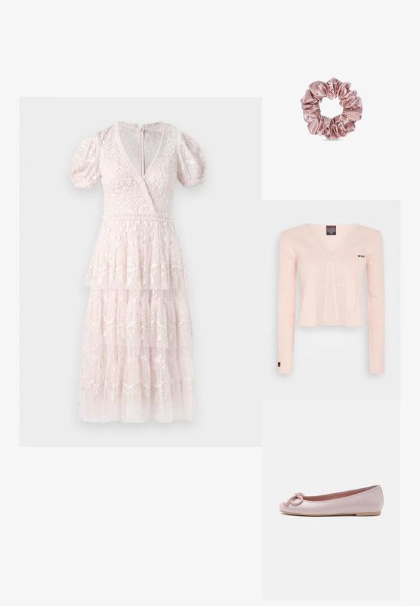 Lichtroze gebreid cropped top met lange mouwen, V-hals en trekkoord. Heeft een geribbelde textuur en subtiele branding op de borst.; Roze, gelaagde jurk met puffmouwen, V-hals en complexe bloemenborduursels. Gemaakt van een textuurrijke, lichte stof. Ritssluiting aan de achterkant.; Lichtroze lakleren ballerina met afgeronde neus, gedraaide koordstrik aan de voorkant en lage beige zool op een witte achtergrond.; Roze satijnen scrunchie met kleine decoratieve kralen en een klein stoffen label op een witte achtergrond.