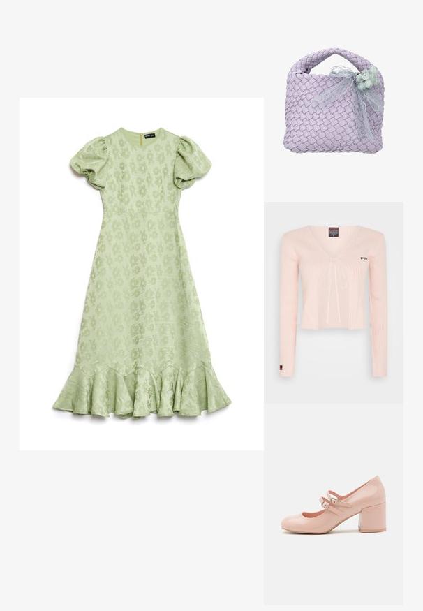Lichtroze gebreid cropped top met lange mouwen, V-hals en trekkoord. Heeft een geribbelde textuur en subtiele branding op de borst.; Lichtgroene jurk met pofmouwen, bloemenstructuur en een uitlopende gerimpelde zoom. Heeft een ritssluiting aan de achterkant.; Roze gepatenteerde leren pumps met een ronde neus, twee verstelbare gespsluitingen en een chunky, transparante blokhak.; Lavendelkleurige geweven handtas met gevlochten handvat, versierd met een doorschijnend kanten lint en een cluster van lichtgroene kralen.
