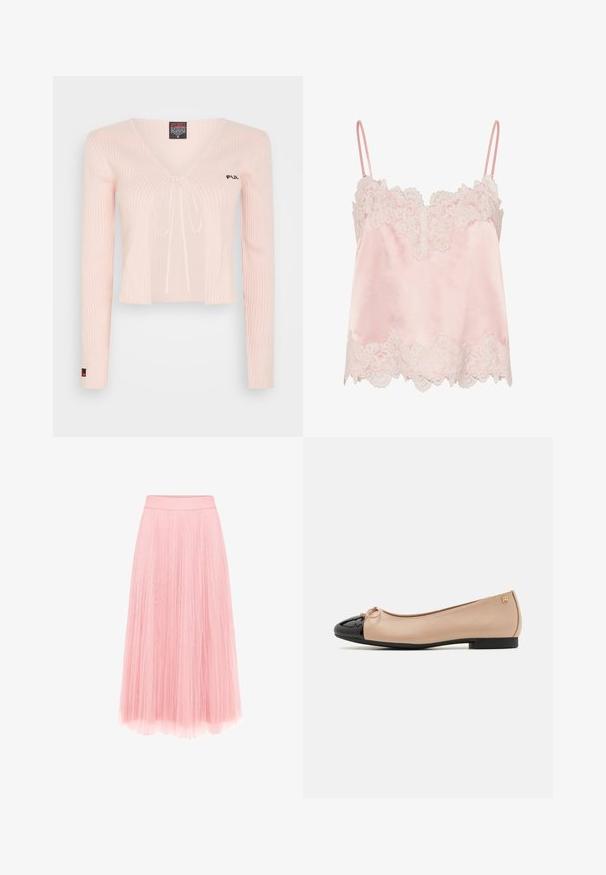 Lyserød strikket cropped top med lange ærmer, V-hals og snørelukning. Har ribbet struktur og subtil branding på brystet.; Lyserød satin camisole med hvid blondekant langs halsudskæring og kant, med tynde justerbare skulderstropper.; zero MIT PLIESSENDEM BECHER - Pliceret nederdel /Nederdele med folder - bridal rose; Balletsko med en beige satin overdel, sort laklæder tåhætte, lille sløjfedetalje foran og en lav sort hæl.