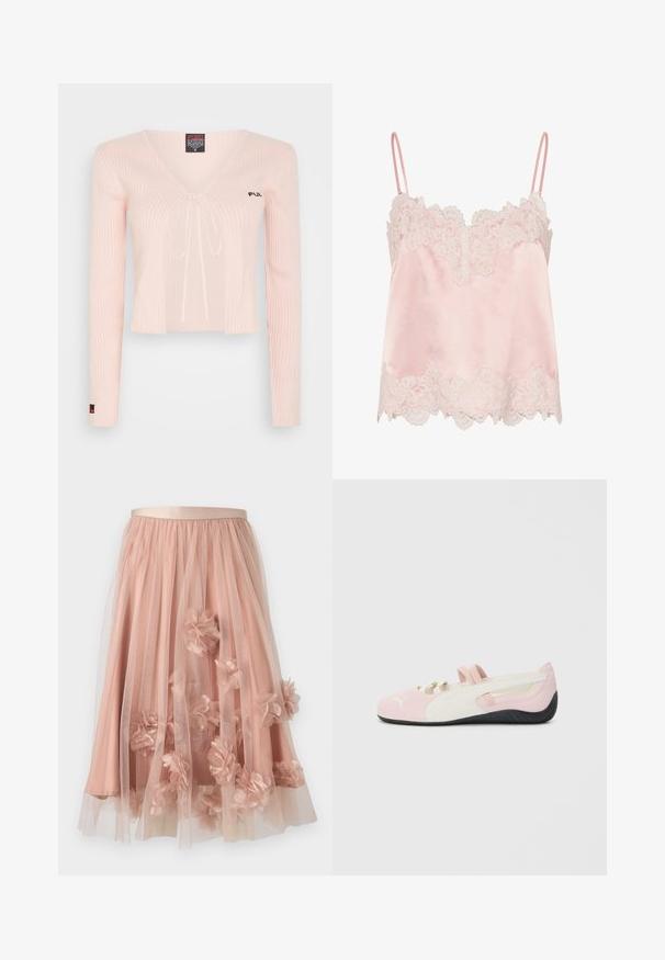 Light pink knitted cropped top with long sleeves, V-neck, and drawstring tie. Features ribbed texture and subtle branding on the chest.; Light pink satin camisole with white lace trim along neckline and hem, featuring thin adjustable shoulder straps.; Tulle skirt in soft pink with a satin waistband. Features layered sheer fabric and three-dimensional floral appliqués throughout.; Pink suede slip-on shoe with white accents, rubber sole, and elastic straps. Features a textured design and a small logo on the front.