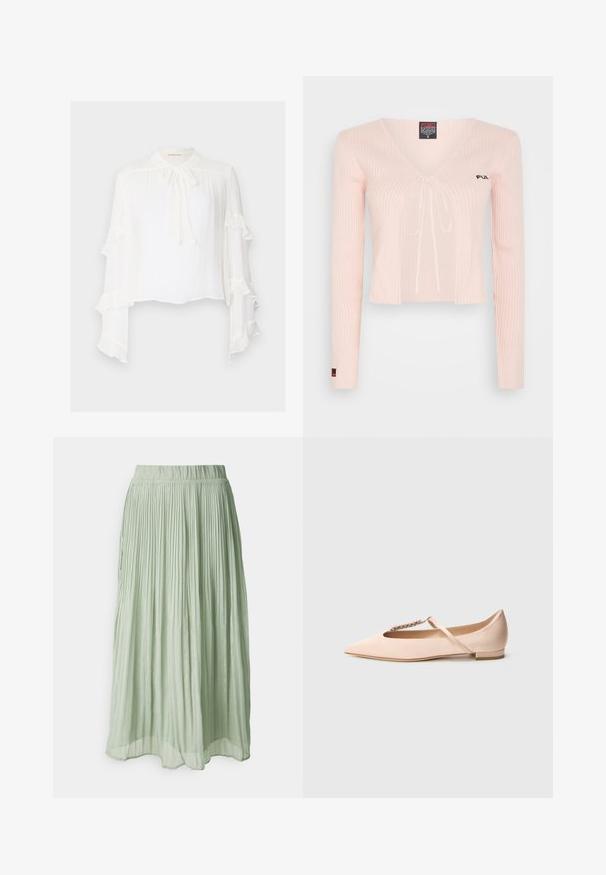 Haut court en tricot rose clair avec des manches longues, décolleté en V et lien à coulisse. Présente une texture côtelée et un branding subtil sur la poitrine.; Blouse blanche à manches longues évasées avec des bords ondulés. Col montant avec un détail à nouer et tissu léger et texturé.; Jupe midi plissée en tissu vert clair avec une texture douce. Taille élastique, design fluide et léger éclat partout.; Ballerine rose pâle avec un bout pointu, en satin, ornée d'une bride incrustée de bijoux sur le coup de pied, talon bas.