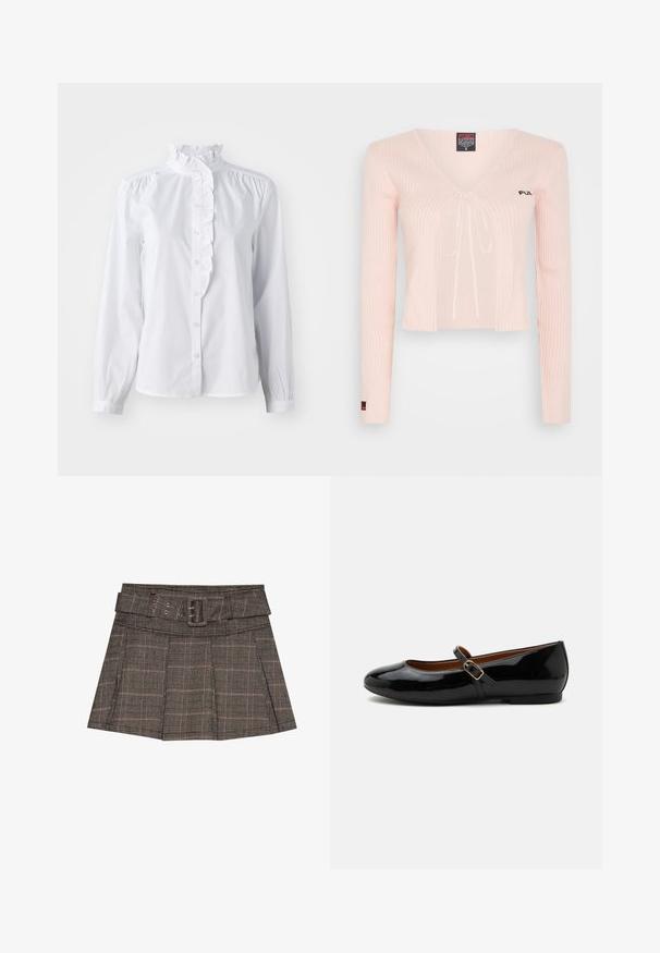 Lyserød strikket cropped top med lange ærmer, V-hals og snørelukning. Har ribbet struktur og subtil branding på brystet.; Hvid skjorte med lange ærmer, flæset høj krave og lodret flæseaccent foran. Letvægts bomuldsstof.; Rutet mini nederdel i sort, brun og beige. Har en bælteforstærket talje, plisseringer og et struktureret stof med et geometrisk mønster.; Sort laklæder Mary Jane flad sko med rundet tå og justerbar sidespænde, vist på hvid baggrund.