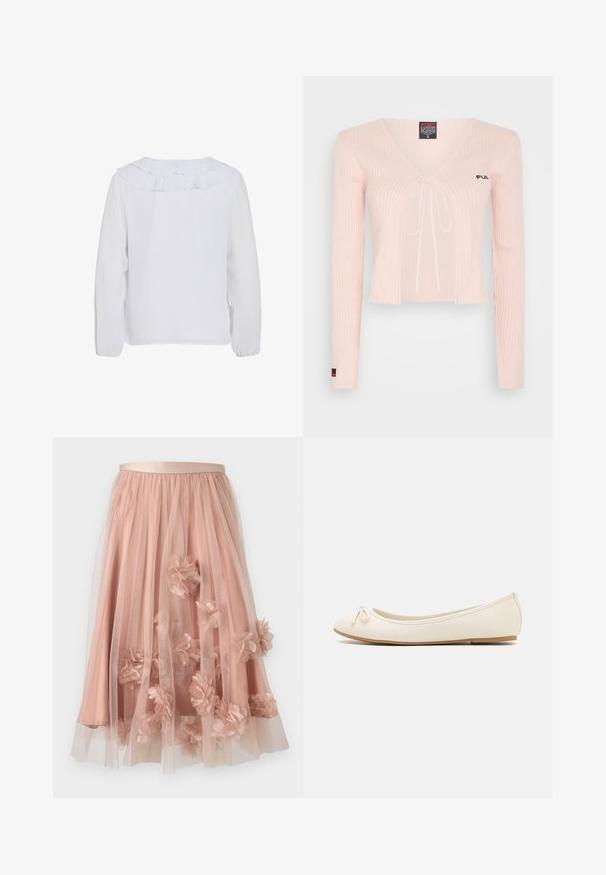 Heledane roosa kudumiga kroppitud topp pikemate varrukatega, V-kaelusega ja nööriga. Omab sooniktekstuuriga pinda ja peent brändingut rinnal.; Valge pikakä sleeve blouse ruffles kraega, sile tekstuur ja elastsete mansettidega. Lihtne, puhas disain sobib erinevateks juhtudeks.; Heleroosa tulleenahast seelik satiinvöökohtadega. Omab kihilist läbipaistvat kangast ja kolmemõõtmelisi lilleaplikatsioone kogu ulatuses.; Kreemivärvi balleti kingad ümarate varvastega, ees väikese paelakesega ja tekstuuriga beež tallaga. Sile sünteetiline materjal.
