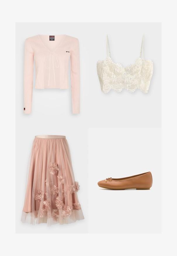 Top corto de punto rosa claro con mangas largas, escote en V y cordón. Presenta una textura acanalada y un sutil branding en el pecho.; Bralette blanco de encaje con patrones florales, tirantes finos ajustables y bordes en forma de ondas a lo largo del dobladillo inferior y el escote.; Falda de tul en rosa suave con cinturilla de satén. Cuenta con tela transparente en capas y apliques florales tridimensionales por toda la prenda.; Bailarina de piel color marrón claro con punta redondeada, un pequeño lazo decorativo en la parte delantera y una suela de goma flexible para mayor comodidad.