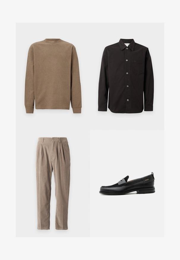 Brun ribbet langærmet sweater med rund hals og tætsiddende manchetter. Blød tekstur og enkelt design, velegnet til hverdag.; Sort skjorte med knapper lavet af bomuld, med krave, forlommek og et diskret logo på brystet, samt en jævn tekstur.; Beige corduroy bukser med en afslappet pasform, der har plisseringer, knaplukning og sidelommer, tekstureret overflade og tapered bendesign.; Sort læderloafer med grå remdetalje, lav hæl og tekstureret sål, mærket med "HUGO" i guld på siden.