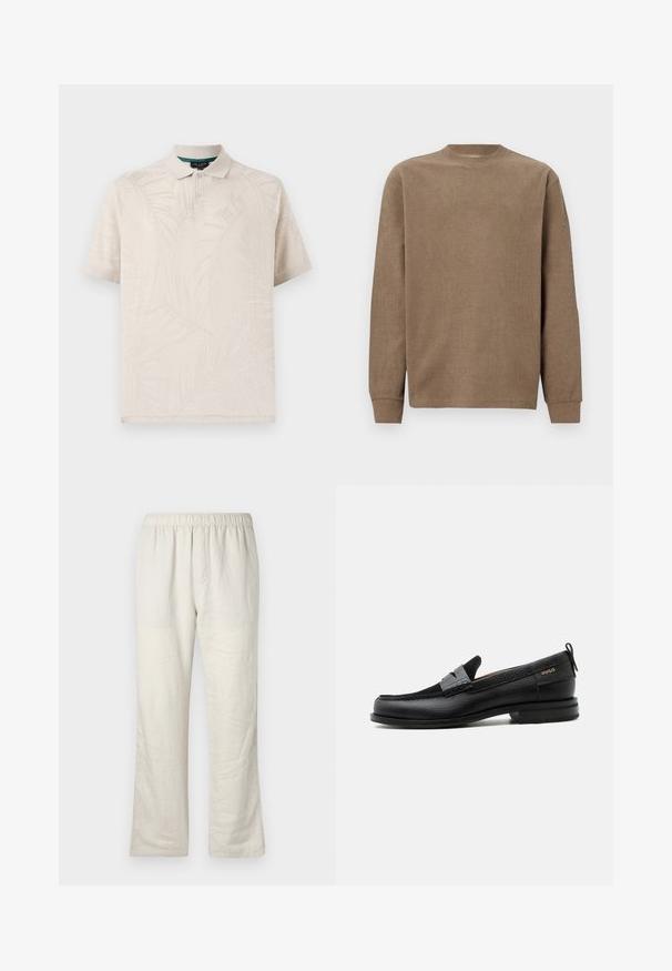 Suéter marrón de manga larga con canalé, cuello redondo y puños ajustados. Textura suave y diseño sencillo, ideal para un uso casual.; Polo beige hecho de una tela texturizada que presenta un sutil patrón de hojas de palma. Tiene un cuello clásico y dos botones en el cuello.; Pantalones de lino beige ligeros con cintura elástica, corte recto y sin bolsillos ni cierres visibles.; Mocasín de cuero negro con detalle de tira gris, tacón bajo y suela texturizada, con la marca "HUGO" en oro en el lateral.