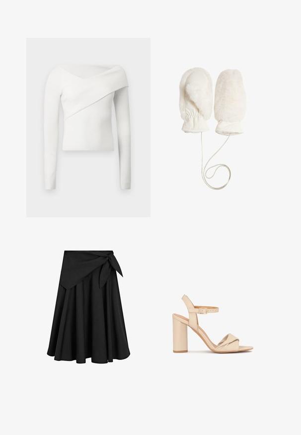 Wit geribd top met lange mouwen en een off-shoulder ontwerp, met een diagonale wikkeling over de borst die een gestructureerde silhouet creëert.; Zwarte A-lijn rok van zachte stof, met een gestrikte tailleband en een vloeiende zoom met een gladde textuur.; Beige hoge hakken sandaal met een geknoopt ontwerp aan de voorkant, verstelbare enkelriem en een stevige blokhak, gemaakt van soepel leer.; Witte bonten wanten met een zachte textuur, elastische pols en een bevestigde koord voor gemak. Gladde oppervlakte met een ronde vorm.