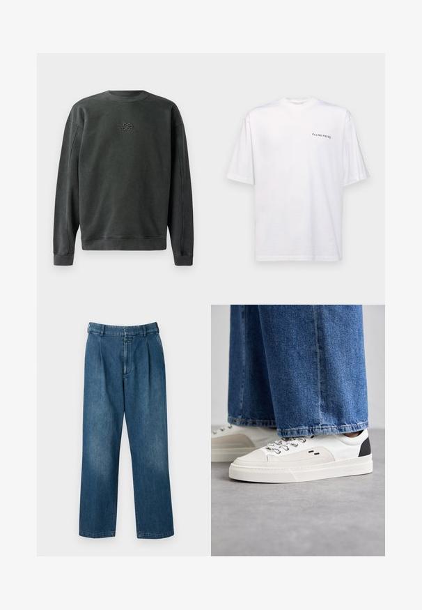 Sweatshirt gris foncé avec un col rond, des poignets et un ourlet côtelés. Présente un petit motif brodé au centre. Tissu doux et texturé.; T-shirt blanc à manches courtes en coton avec un col en V, présentant un logo noir "FILLING PIECES" imprimé sur le côté gauche.; Pantalons en denim bleu avec un design à jambes droites, dotés d'une taille haute, de plis à l'avant et d'une fermeture à bouton classique. Texture lisse.; Baskets blanches et noires avec une tige en cuir lisse, des accents texturés et une semelle épaisse blanche. Présentent un design classique à lacets.