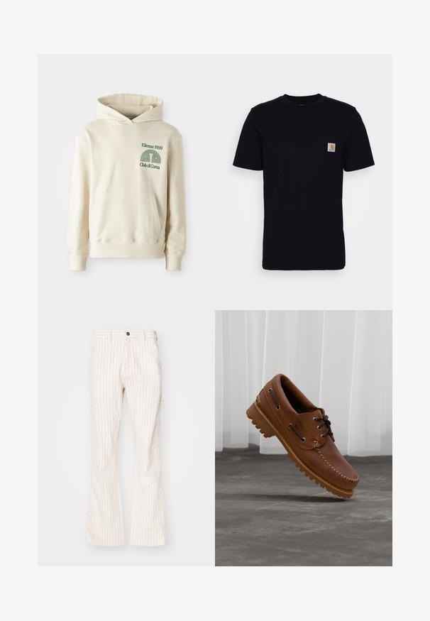 Haut à capuche en coton beige avec une poche kangourou. Logo en texte vert "Ellesse 1959" et graphique courbé sur le côté gauche de la poitrine. Texture douce, coupe classique.; T-shirt en coton noir à manches courtes, col rond et poche poitrine avec un petit patch logo carré. Design simple et uni.; Pantalons évasés crème avec des rayures rouges verticales, dotés d'une fermeture à bouton, de poches latérales et d'un tissu lisse.; Chaussure de bateau en cuir marron avec des lacets noirs, des coutures beiges et une semelle robuste, suspendue au-dessus d'un sol en béton gris.
