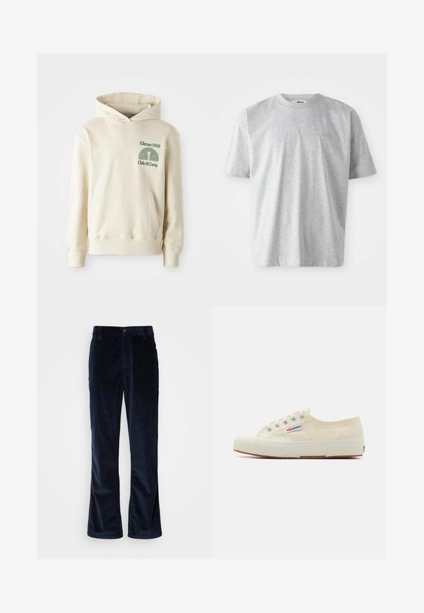 Haut à capuche en coton beige avec une poche kangourou. Logo en texte vert "Ellesse 1959" et graphique courbé sur le côté gauche de la poitrine. Texture douce, coupe classique.; T-shirt gris à manches courtes en tissu doux. Il présente un col rond et un logo subtil brodé sur le devant.; Pantalons en velours côtelé bleu marine avec une coupe droite, présentant un ribbing vertical, une fermeture à bouton et des poches avant.; Baskets en toile beige au design épuré, œillets en métal et semelle en caoutchouc. Présente un motif texturé et un détail de logo sur le côté.