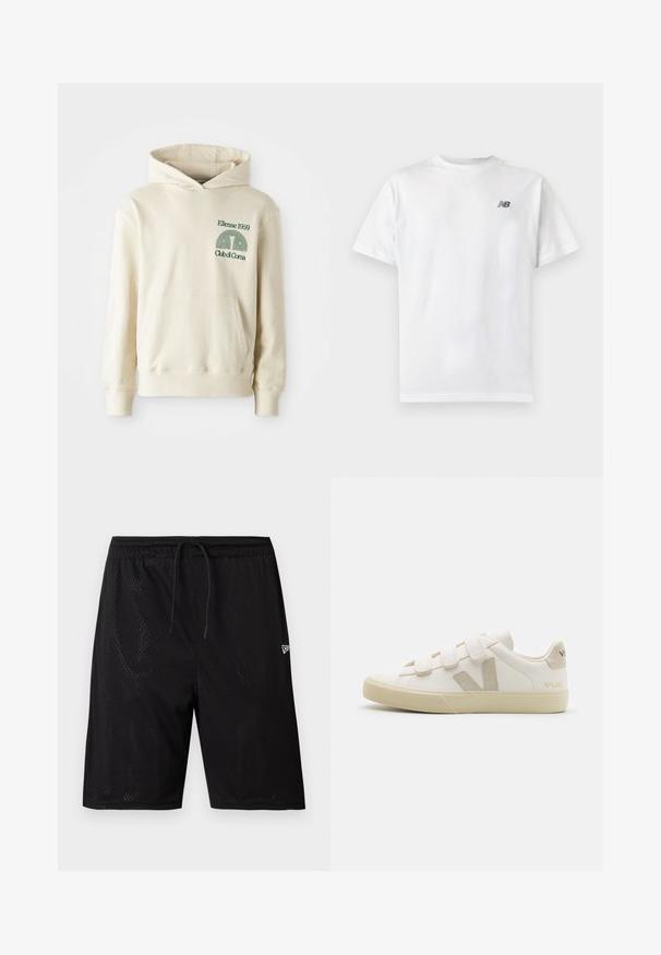 Beige katoenen hoodie met een kangoeroezak. Groene tekstlogo "Ellesse 1959" en een gebogen afbeelding op de linkerbovenkant. Zachte textuur, normale pasvorm.; Witte T-shirt met korte mouwen en ronde hals met een klein zwart New Balance-logo op de linker bovenkant van de borst op een effen lichte achtergrond.; Zwarte mesh sportshorts met een trekkoord in de taille, voorzien van een geperforeerde textuur en een klein wit logo aan de onderzijde rechts.; Witte leren sneakers met klittenbandsluitingen, beige accenten, ronde neus, gestructureerde rubberen zool en reliëflogo. Minimalistisch ontwerp.