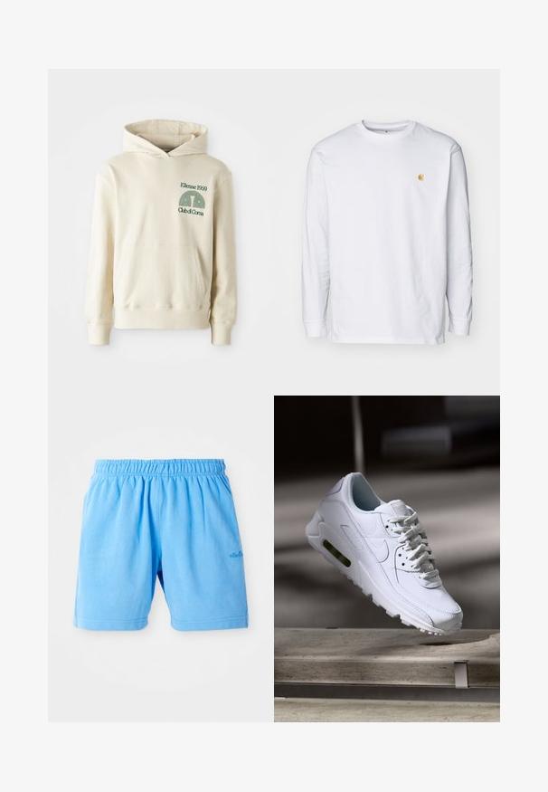 Beige Baumwoll-Hoodie mit einer Kängurutasche. Grüner Text-Logo "Ellesse 1959" und geschwungenes Grafikdesign im linken Brustbereich. Weiche Textur, reguläre Passform.; Weißes Langarm-T-Shirt aus Baumwolle. Mit kleinem goldenem Logo auf der Brust und Rundhalsausschnitt. Einfaches Design und normale Passform.; Helle blaue Baumwollshorts mit einem elastischen Bund, entworfen mit einer lockeren Passform. Mit doppelt genähten Säumen und einem kleinen Logo-Akzent.; Weiße Lederturnschuhe mit strukturierten Oberflächen, gepolstertem Kragen und sichtbarer Luftpolsterung in der Sohle. Verfügt über Schnürsenkel und ein minimalistisches Design.