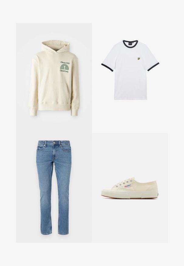 Béžová bavlnená mikina s klokaním vreckom. Zelený textový logotyp "Ellesse 1959" a zakrivená grafika na ľavej hrudi. Mäkkučký materiál, klasický strih.; Biele bavlnené tričko s námornícky modrým rebrovaným golierom a lemami rukávov. Na prsiach je malá žltá vyšívaná logo.; Modré rovné džínsy s prednými vreckami, pútkami na opasok a gombíkovým zapínaním.; Béžové plátené tenisky s nízkym profilom, kovovými očkami a gumovou podrážkou. Obsahujú textúrovaný vzor a detail loga na boku.