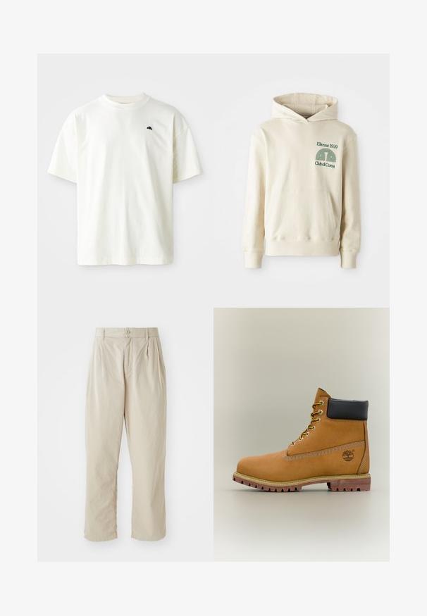 Béžová bavlnená mikina s klokaním vreckom. Zelený textový logotyp "Ellesse 1959" a zakrivená grafika na ľavej hrudi. Mäkkučký materiál, klasický strih.; Krátky rukáv, tričko s okrúhlym výstrihom v svetlej krémovej farbe, vyrobené z bavlny. Obsahuje malé námornícke logo na ľavej hrudi. Hladká textúra, uvoľnený strih.; Béžové, ľahké nohavice s voľným strihom, prešívané záhyby na prednej časti, zapínanie na gombík a manžety na spodnej časti nohavíc. Hladká textúra, minimalistický dizajn.; Hnedá kožená členková členková obuv s čiernym golierom, žltými šnúrkami a béžovou podrážkou. Má logo a biele prešívanie. Hrubá podrážka s dobrým záberom.