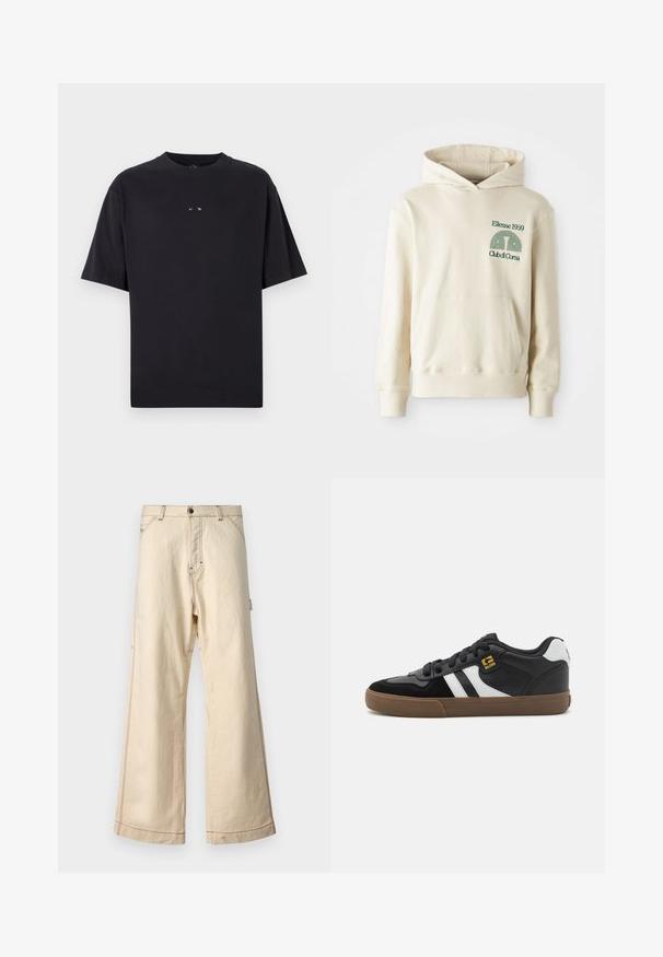 Béžová bavlnená mikina s klokaním vreckom. Zelený textový logotyp "Ellesse 1959" a zakrivená grafika na ľavej hrudi. Mäkkučký materiál, klasický strih.; Oakley RISE TEE - Základné tričko - blackout; Bežové široké nohavice vyrobené z bavlny s uzatváraním na zips a gombík, s kontrastným šitím a bočnými vreckami.; Čierno-biele tenisky s vrchnou časťou z semišu a kože, so skupinou bielych pruhov, čiernymi šnúrkami a hnedou gumovou podrážkou. Zlato zdobené logo.