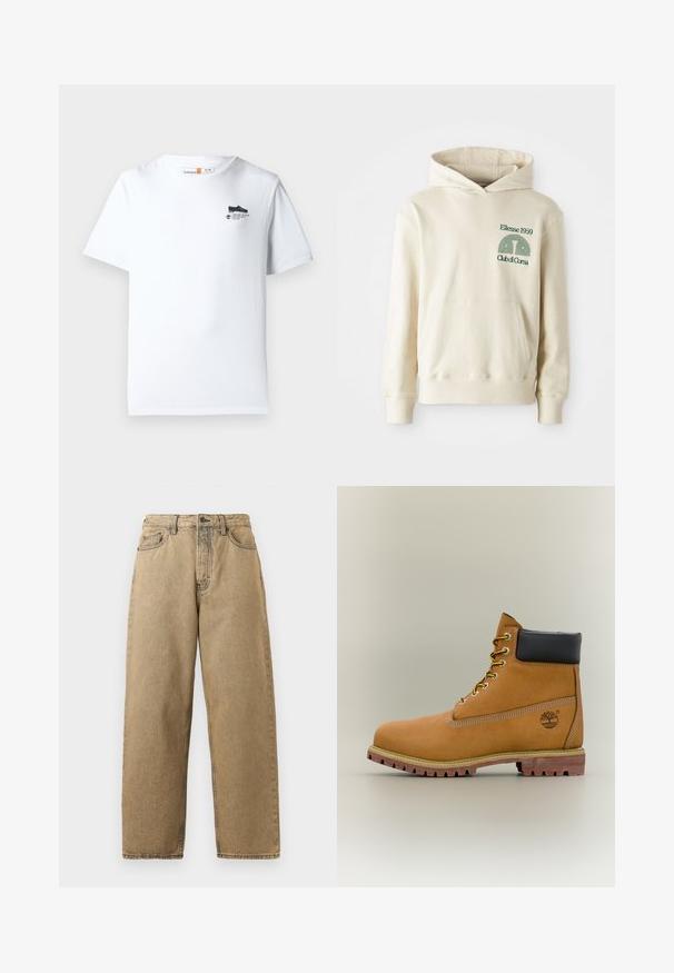 Béžová bavlnená mikina s klokaním vreckom. Zelený textový logotyp "Ellesse 1959" a zakrivená grafika na ľavej hrudi. Mäkkučký materiál, klasický strih.; Biela bavlnená tričko s okrúhlym výstrihom, krátkymi rukávmi a malou čiernou grafikou na hrudi. Mäkká textúra a štandardný strih.; Džíny zo svetlej denimovej tkaniny so strihaním rovného nohavice, s predným zipsom, pútkami na opasok a kontrastným šitím. Nemajú žiadne výrazné vzory ani hardvérové detaily.; Hnedá kožená členková členková obuv s čiernym golierom, žltými šnúrkami a béžovou podrážkou. Má logo a biele prešívanie. Hrubá podrážka s dobrým záberom.