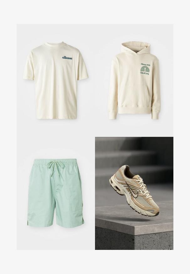 Beige katoenen hoodie met een kangoeroezak. Groene tekstlogo "Ellesse 1959" en een gebogen afbeelding op de linkerbovenkant. Zachte textuur, normale pasvorm.; Crème kleurig shirt met korte mouwen, gemaakt van zacht materiaal, met een ronde hals en een klein groen geborduurd "ellesse" logo op de linker borst.; Lichtgroene zwemshorts van gladde stof, met een elastische tailleband met trekkoord, zijzakken en een korte lengte.; Beige en witte Nike hardloopschoen met mesh panelen en zwarte Swoosh, zwevend boven een betonnen richel met wazige trappen op de achtergrond.
