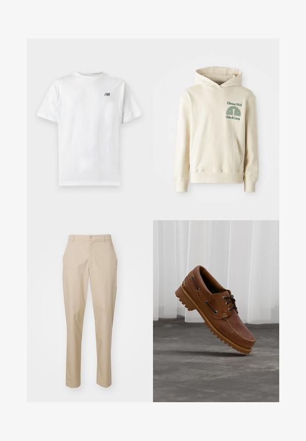 Beige Baumwoll-Hoodie mit einer Kängurutasche. Grüner Text-Logo "Ellesse 1959" und geschwungenes Grafikdesign im linken Brustbereich. Weiche Textur, reguläre Passform.; Weißes T-Shirt mit kurzen Ärmeln und Rundhalsausschnitt mit kleinem schwarzem New Balance-Logo auf der oberen linken Brust auf einem einfarbigen hellen Hintergrund.; Beige maßgeschneiderte Hose mit geradem Schnitt, Knopfverschluss und flachem Bund. Hergestellt aus einem glatten Stoff ohne erkennbare Muster.; Brauner Leder-Bootsschuh mit schwarzen Schnürsenkeln, beigen Nähten und einer robusten Sohle, schwebt über einem grauen Betonboden.