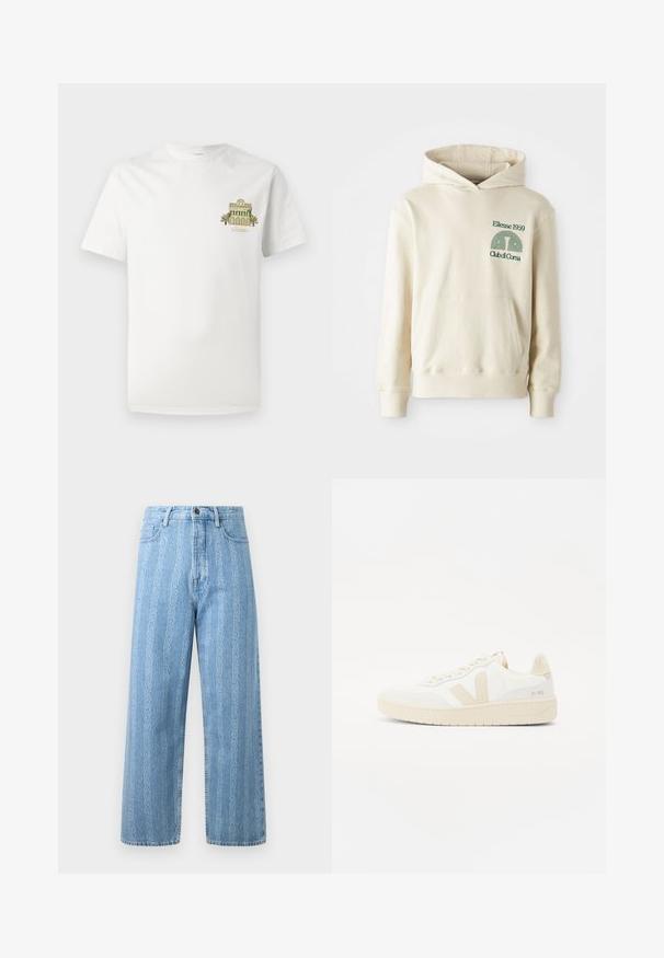 Beige bomuldshoodie med en kængurulomme. Grøn tekstlogo "Ellesse 1959" og buet grafik på venstre brystområde. Blød tekstur, normal pasform.; Hvid bomulds T-shirt med et lille broderet design af en bygning med palmer. Kortærmet og med rund hals.; Lyseblå denim jeans med bred benedesign, prydet med et gentaget kædemønster. Klassisk fem-lomme stil og metalknapdetalje.; Hvide sneakers med beige accenter, der har en tekstureret overdel, rund tå og en tykk gummisål. Designet inkluderer det ikoniske V-logo og branding.